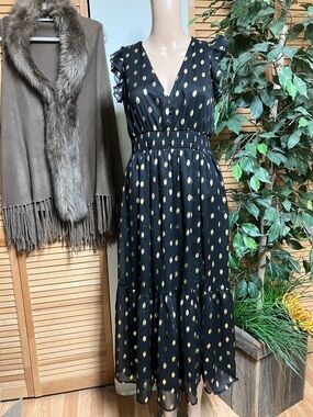 Lulu’s - Cause to Celebrate Black and Gold Dot Ruffled Tiered Midi Dress